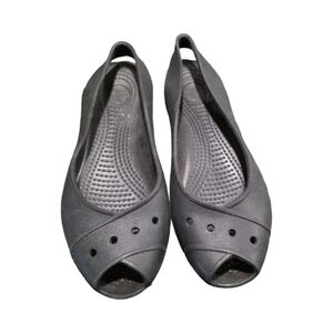Crocs Farrah Flats Womens 6 Black‎ Slingback Slip On Peep Toe Ballet Comfort